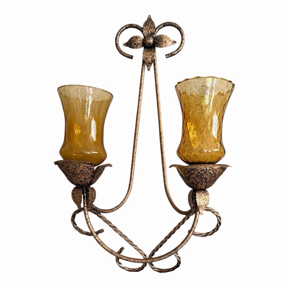 Vintage Distressed Gold Metal 2 Arm Wall Sconce Amber Glass Cups Twisted Rope